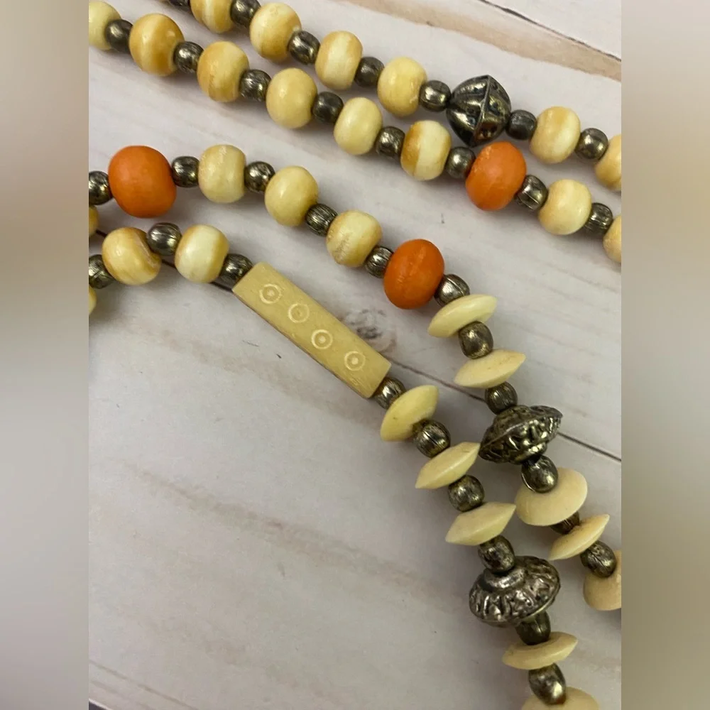 Vintage Chunky Metal Beaded Boho Double Strand Necklace Tadpole Floral Beads